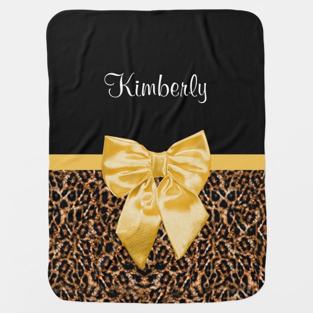 Gold Leopard Print With Pretty Glam Black Bow  Baby Blanket (Front)