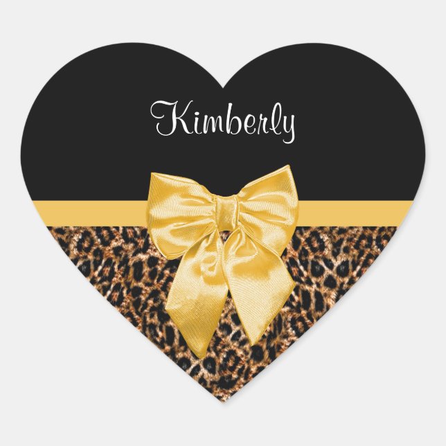 Gold Leopard Print With Pretty Glam Black Bow  Heart Sticker (Front)