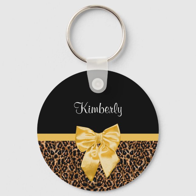 Gold Leopard Print With Pretty Glam Black Bow  Keychain (Front)
