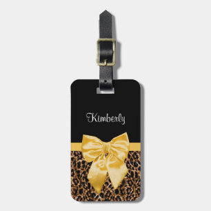 Gold Leopard Print With Pretty Glam Black Bow Luggage Tag