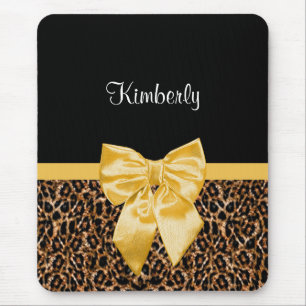 Gold Leopard Print With Pretty Glam Black Bow Mouse Pad