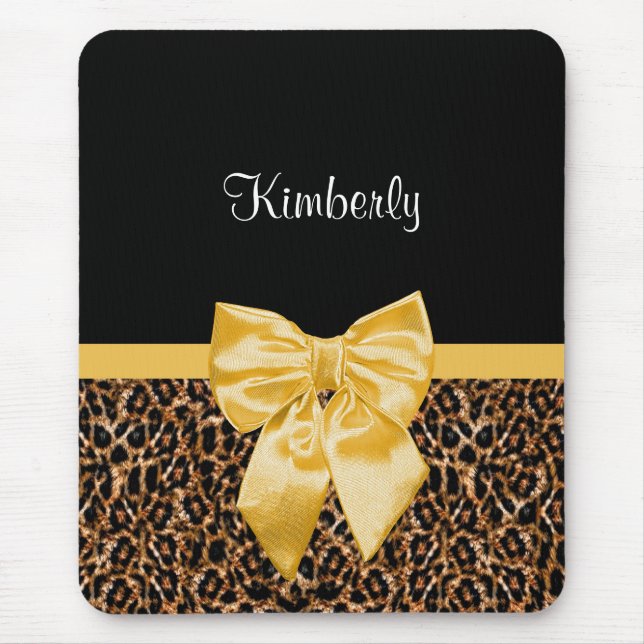 Gold Leopard Print With Pretty Glam Black Bow  Mouse Pad (Front)