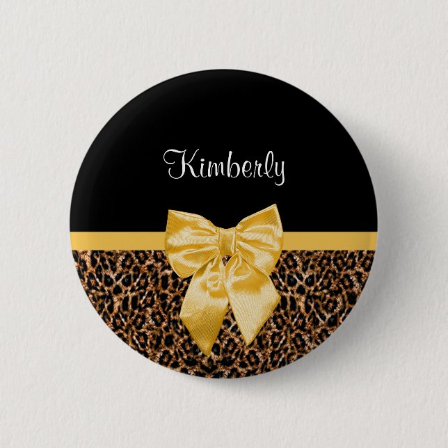 Gold Leopard Print With Pretty Glam Black Bow  Pinback Button (Front)