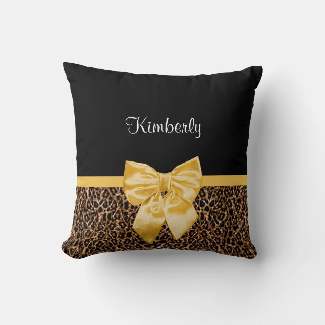 Gold Leopard Print With Pretty Glam Black Bow  Throw Pillow (Front)