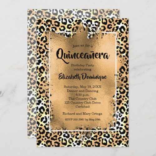 Gold Leopard Quinceaera Birthday Party Invitation