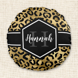 Gold Leopard Spots Black Monogram Round Pillow