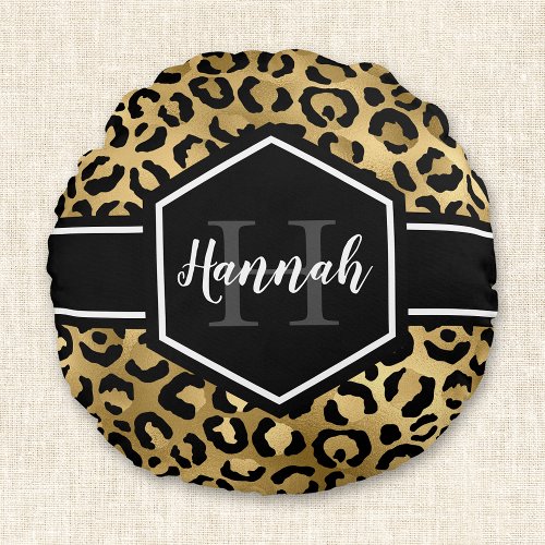 Gold Leopard Spots Black Monogram Round Pillow