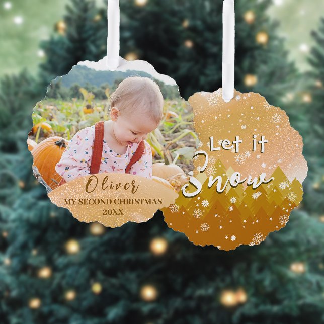 Gold Let it Snow Baby's Second Christmas Photo Ornament Card (Creator Uploaded)