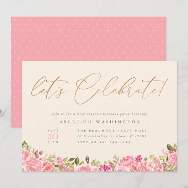 Gold Let's Celebrate Floral Surprise Birthday Invitation (Front/Back)