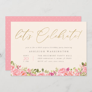 Gold Let's Celebrate Floral Surprise Birthday Invitation