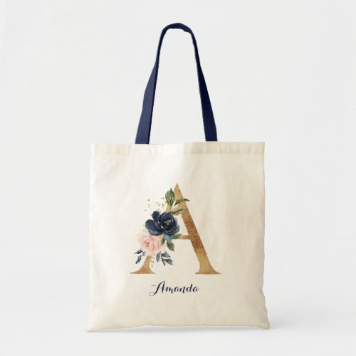 Gold Letter A and Blush Floral Personalized chic Tote Bag