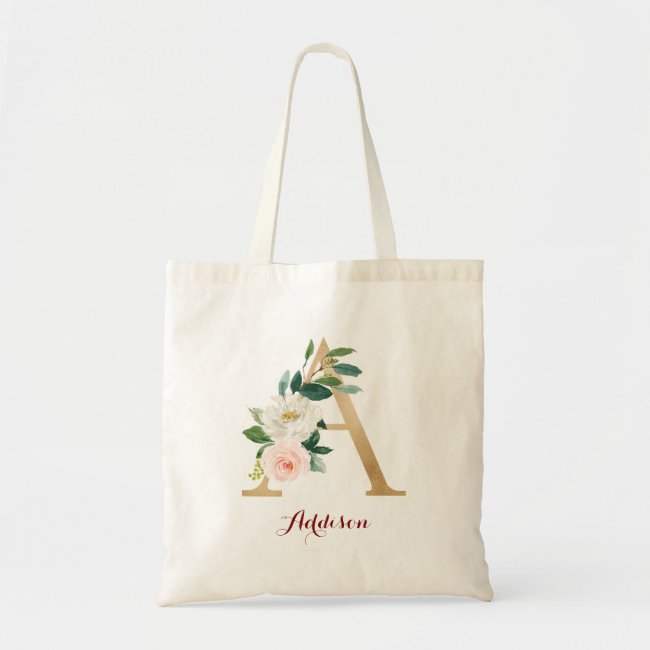 Gold Letter A and Blush Floral Personalized Tote Bag