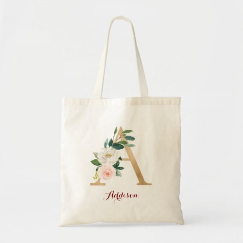 Gold Letter A and Blush Floral Personalized Tote Bag