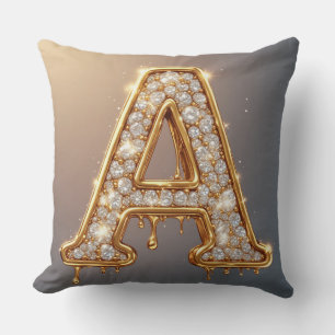 Gold Letter A Diamond Drip Molten Monogram Throw Pillow