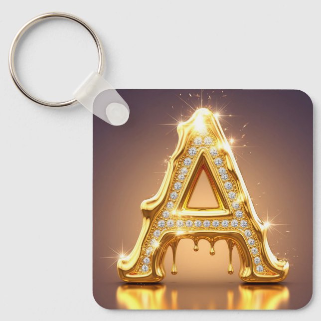 Gold Letter A Diamonds Dripping Monogram Gift Keychain (Front)