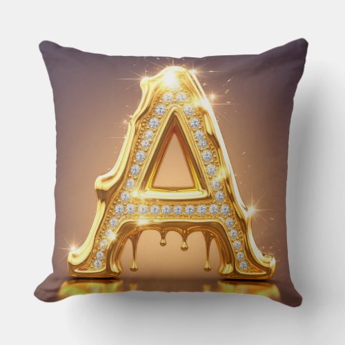 Gold Letter A Diamonds Dripping Monogram Gift Throw Pillow