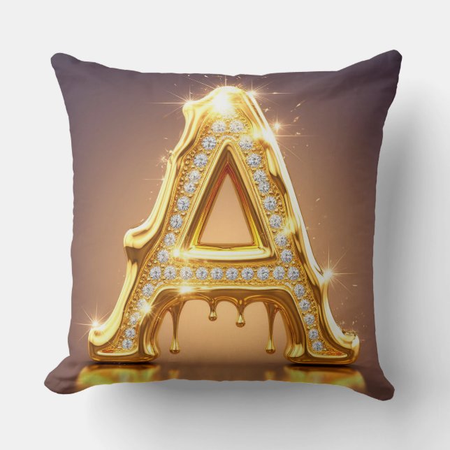 Gold Letter A Diamonds Dripping Monogram Gift Throw Pillow (Front)