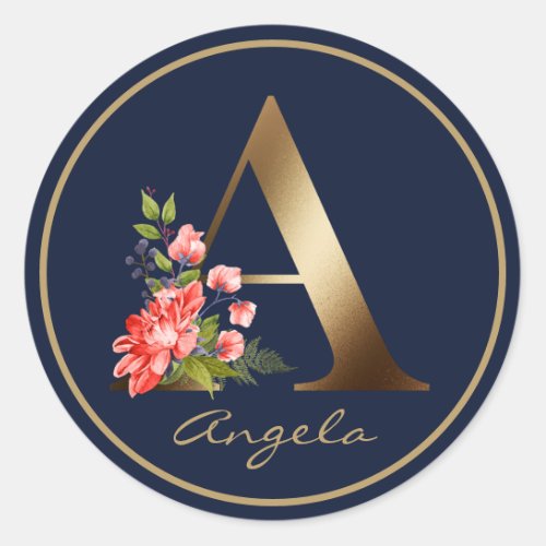 Gold Letter A Elegant Navy Floral Monogram Classic Round Sticker