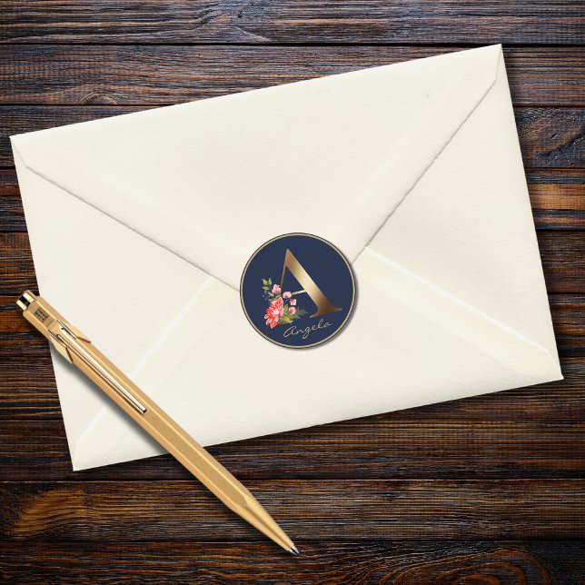 Gold Letter A Elegant Navy Floral Monogram Classic Round Sticker (Creator Uploaded)