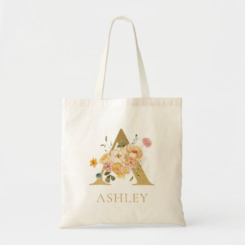 Gold Letter A Monogram Floral Watercolor Tote Bag