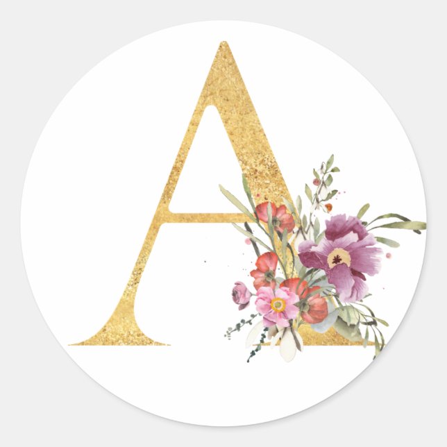 Gold letter A with flowers Classic Round Sticker (Front)
