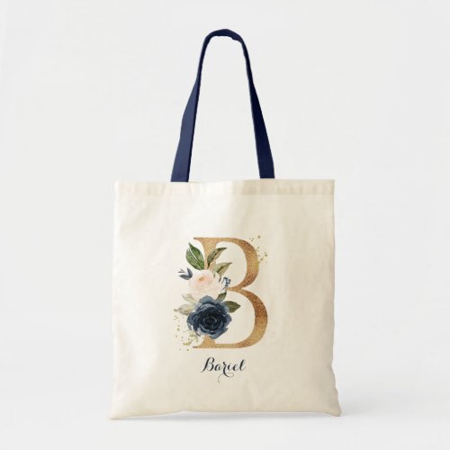 Gold Letter B and Blush Floral Personalized Tote Bag