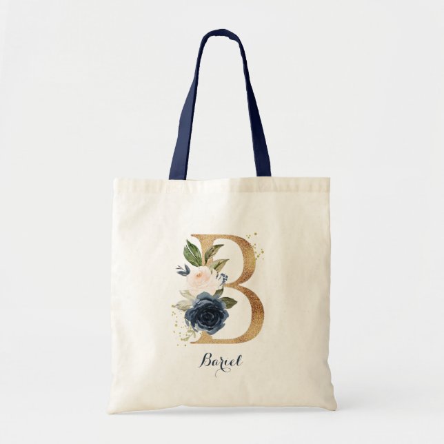 Gold Letter B and Blush Floral Personalized Tote Bag (Front)