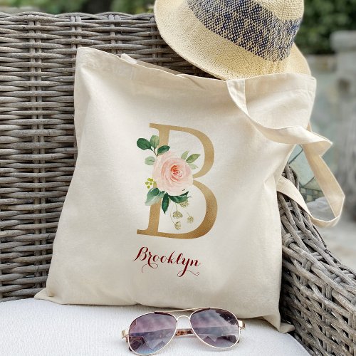 Gold Letter B and Blush Floral Personalized Tote Bag