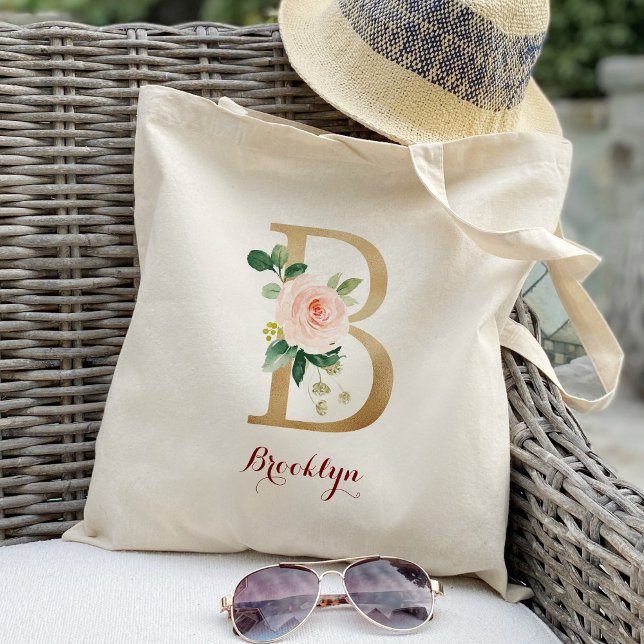 Gold Letter B and Blush Floral Personalized Tote Bag (Creator Uploaded)
