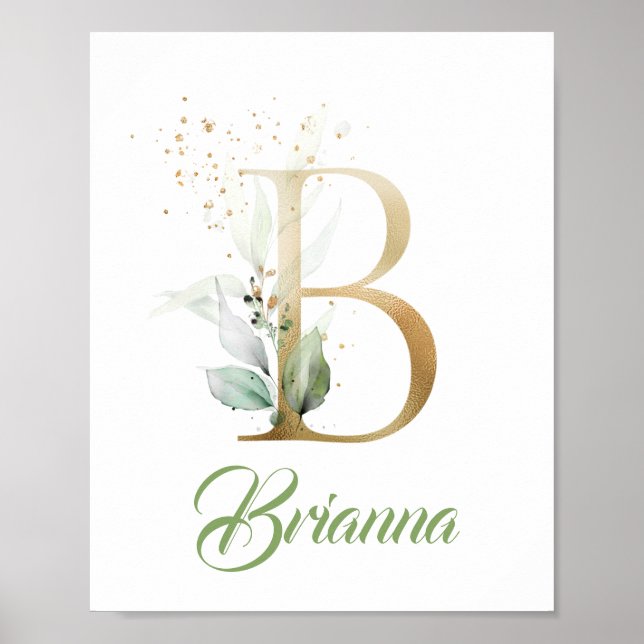 Gold Letter B monogram greenery eucalyptus leaves Poster (Front)