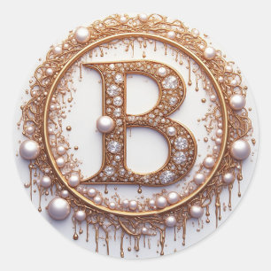 Gold Letter B Monogram Pearls Jewelry Wedding Classic Round Sticker