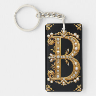 Gold Letter B Monogram With Diamonds and Pearls Keychain