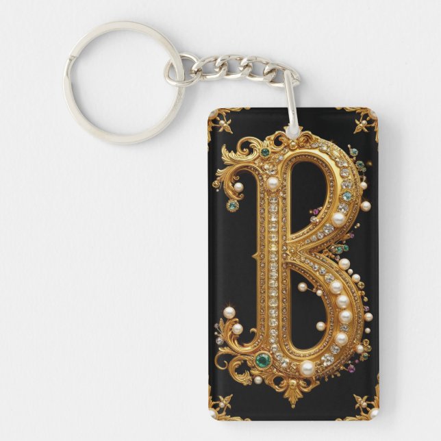 Gold Letter B Monogram With Diamonds and Pearls Keychain (Front)