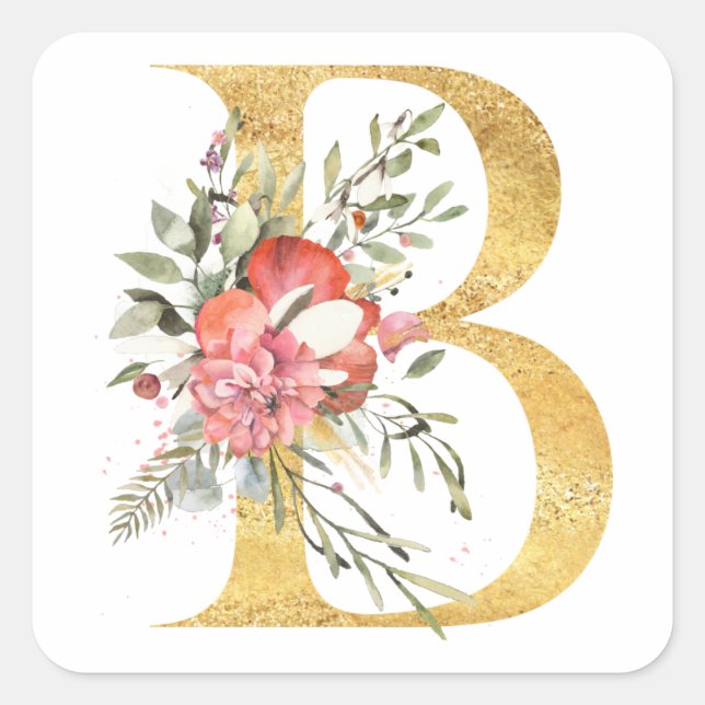 Gold letter B with flowers Square Sticker (Front)