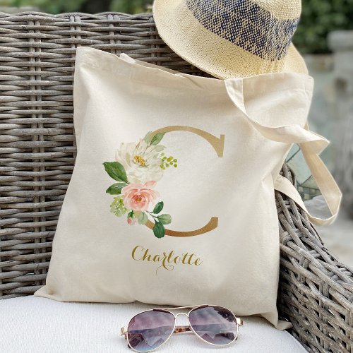 Gold Letter C and Blush Floral Personalized Tote Bag