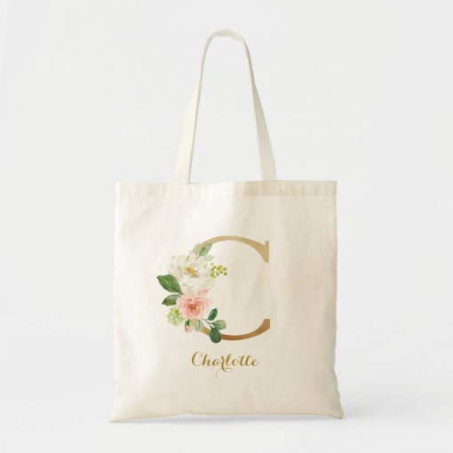 Gold Letter C and Blush Floral Personalized Tote Bag | Zazzle