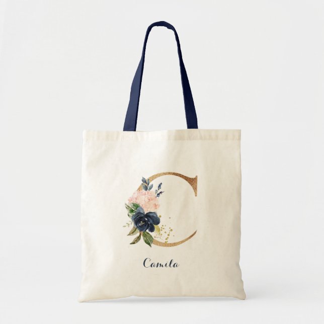 Gold Letter C and Blush Floral Personalized Tote Bag (Front)