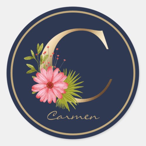 Gold Letter C Elegant Navy Floral Monogram Classic Round Sticker