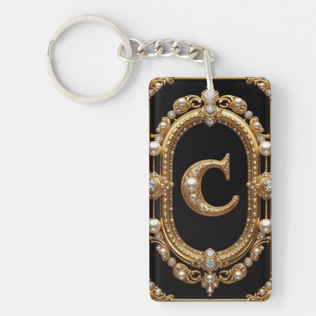 Gold Letter C Monogram With Diamonds and Pearls Keychain (Front)