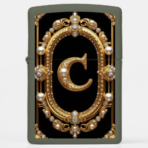 Gold Letter C Monogram With Diamonds and Pearls Zippo Lighter