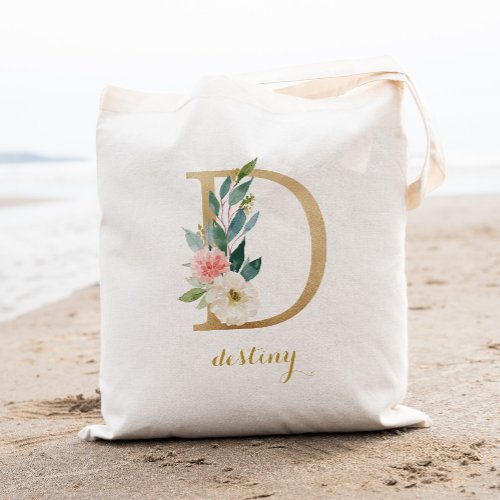 Gold Letter D and Blush Floral Personalized Tote Bag