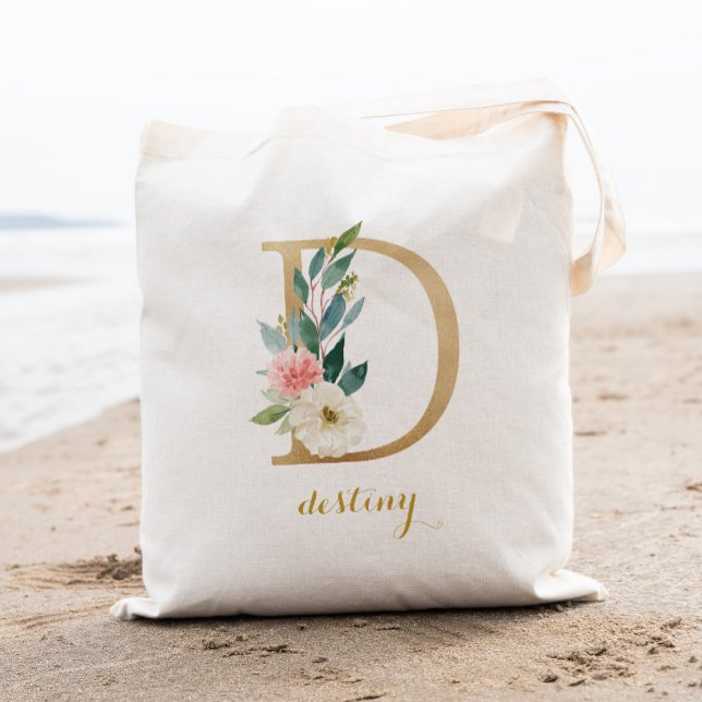 Gold Letter D and Blush Floral Personalized Tote Bag (Creator Uploaded)