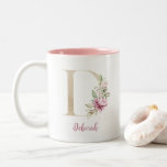 Gold Letter D, Monogram D, Pink Floral Gift Her  Two-Tone Coffee Mug<br><div class="desc">A lovely Monogrammed coffee mug for her. Add her name to personalize it. We have all the letters of the alphabet,  See our collection here:  https://www.zazzle.com/collections/gold_letter_monogram_personalized_coffee_mugs-119608092386507931</div>