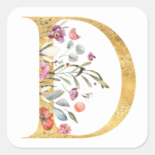 Gold letter D with flowers Square Sticker