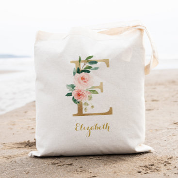 Gold Letter E and Blush Floral Personalized Tote Bag