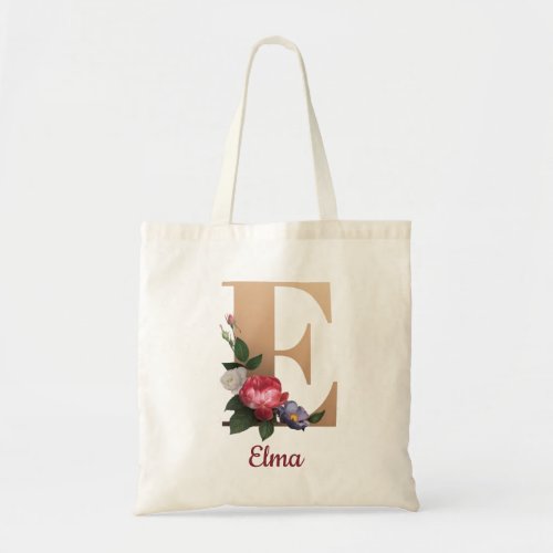 Gold Letter E and Blush Floral Personalized Tote Bag