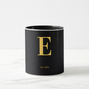 Gold Letter E Black Mug   Minimalist Monogram Mug