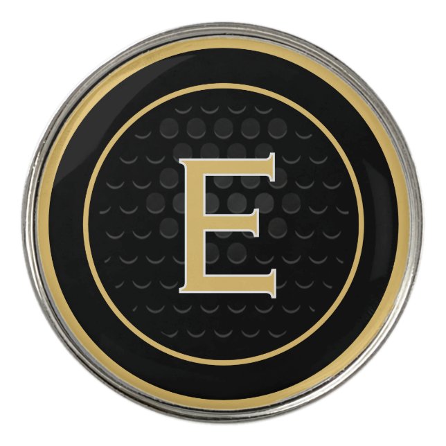 Gold Letter E Monogram Golf Marker Black Design (Front)