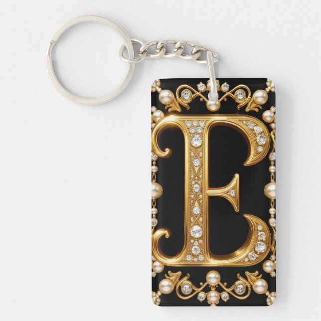 Gold Letter E Monogram With Diamonds and Pearls Keychain (Front)