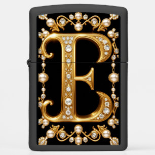 Gold Letter E Monogram With Diamonds and Pearls Zippo Lighter